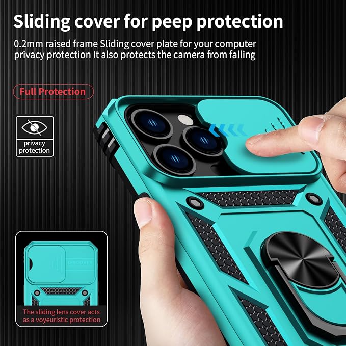 Weycolor for iPhone 13 Pro Case with Camera Lens Cover, HD Screen Protector, 10 FT Military Grade Drop Protection, Magnetic Ring Holder Kickstand Protective Phone Case for iPhone 13 Pro, Ice Green
