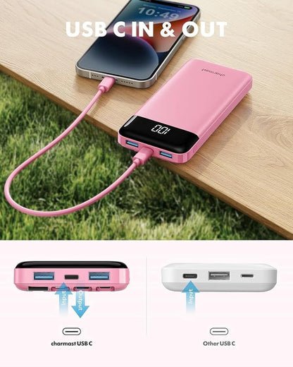 charmast 10000mAh Portable Charger,Built-in 4 Cables,6 Outputs/3 Inputs,3A Fast Charging,Compatible with iPhone,iPad,Samsung,Pixel,LG
