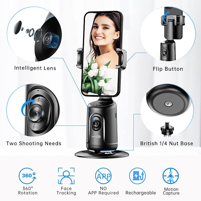 Auto Tracking Phone Holder, Auto Face Tracking Tripod, Portable All-in-one Smart Selfie Stick 360 Rotation Fast Face & Object Tracking Cameraman Robot Mount for Phone Video Vlog Live Streaming(Black)