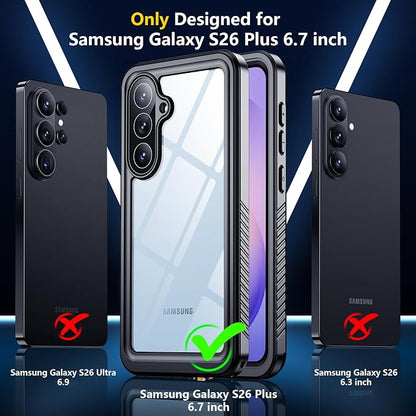 SPIDERCASE for Samsung Galaxy S26+ Plus Case with Built-in Screen Protector, [IP68 Waterproof] [Military Grade Shockproof] Full Body Sealed Heavy Duty Protection for S26 Plus 6.7", Black/Clear