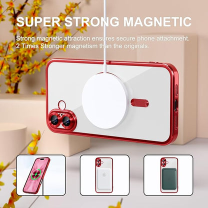 Misea Magnetic for iPhone 17 Case Compatible with MagSafe [Never Yellowing] [Military Grade Drop Protection] Full Camera Lens Protector Plating Soft Clear Phone Case for Women, Red