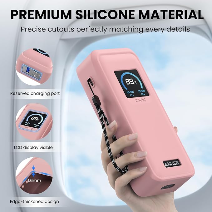 Compatible with Anker Prime Power Bank 26,250Mah 300W Case Cover, Soft Silicone Shockproof Protective Case for Anker 300W Prime Power Bank with Anti-Lost Strap, LCD Display Visible (Pink)