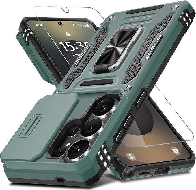 DEERLAMN Case for Samsung Galaxy S26 Ultra 6.9-Inch with Slide Camera Cover+Screen Protector(1 Pack), Rotated Ring Kickstand Military Grade Shockproof Protective Cover-Green