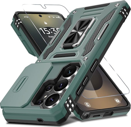 DEERLAMN Case for Samsung Galaxy S26 Ultra 6.9-Inch with Slide Camera Cover+Screen Protector(1 Pack), Rotated Ring Kickstand Military Grade Shockproof Protective Cover-Green