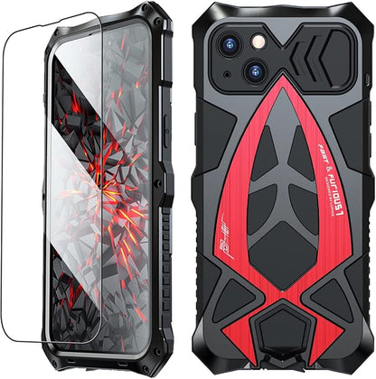 Armor Phone Case for iPhone 14 Military Grade Cover 360 Full Protection Heavy Duty Hybrid Metal Bumper Built-in Silicone Shockproof Dustproof with Screen Protector - Black + Red