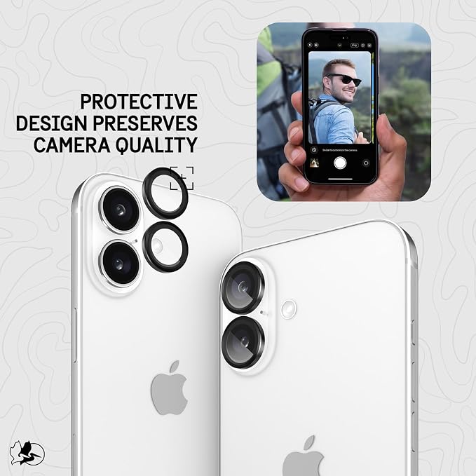 Pelican Camera Lens Protector with Aluminum Rings for iPhone 16 / iPhone 16 Plus - 9H Tempered Glass - Durable Anti-Scratch, Anti-Shatter, HD View w/Night Shoot, Case Friendly, Easy Install - Black