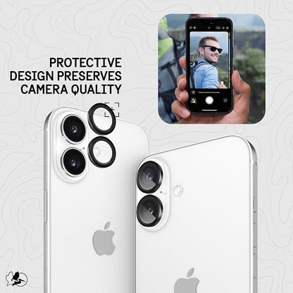 Pelican Camera Lens Protector with Aluminum Rings for iPhone 16 / iPhone 16 Plus - 9H Tempered Glass - Durable Anti-Scratch, Anti-Shatter, HD View w/Night Shoot, Case Friendly, Easy Install - Black