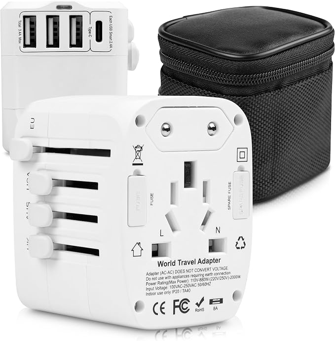 Universal International Travel Power Adapter W/High Speed 2.4A USB, 3.0A Type-C Wall Charger, European Adapter, Worldwide AC Outlet Plugs Adapters for Europe, UK, US, AU, Asia (White)