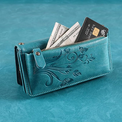 Lacass for iPhone 17 Air Case Wallet,[Cards Theft Scan Protection] Card Holder Zipper Leather Flip Cover Crossbody Wrist Strap with Stand (Floral Blue Green)
