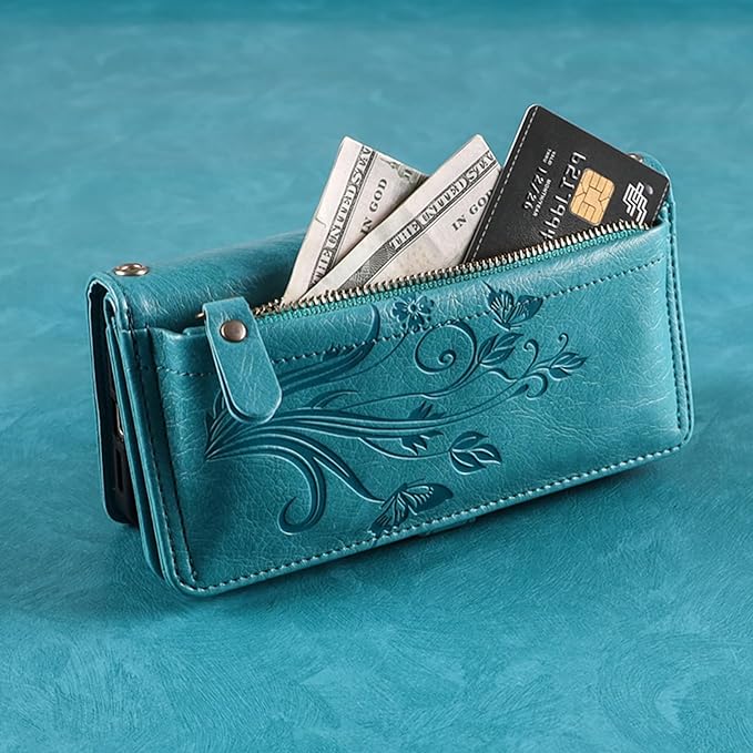 Lacass for iPhone 17 Case Wallet,[Cards Theft Scan Protection] Card Holder Zipper Leather Flip Cover Crossbody Wrist Strap with Stand (Floral Blue Green)
