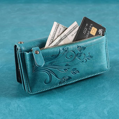 Lacass for iPhone 17 Pro Case Wallet,[Cards Theft Scan Protection] Card Holder Zipper Leather Flip Cover Crossbody Wrist Strap with Stand (Floral Blue Green)