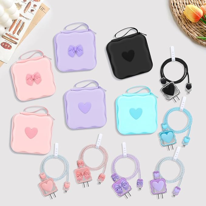 CameCosy DIY Phone Charger Case Storage Sets Cable Protector Earphone Wire Saver with Wave Travel Storage Bag, Cute Cable Charger Protector Cord Organizer for iPhone (Black Love Heart)