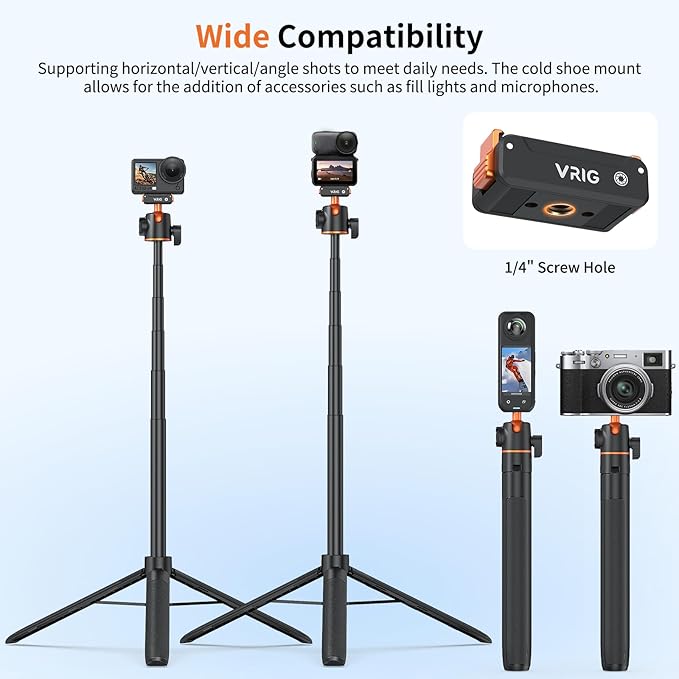 VRIG 55" Action Camera Selfie Stick Tripod for DJI Osmo Action 6/ Osmo Nano, Dual-Direction Magnetic Quick Release Adapter, 360° Ball Head & Cold Shoe Mount, 13 to 55 inches Extendable Rod, AC-71