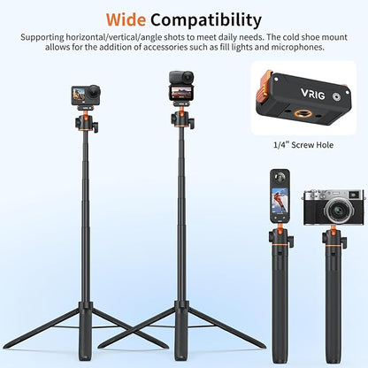 VRIG 55" Action Camera Selfie Stick Tripod for DJI Osmo Action 6/ Osmo Nano, Dual-Direction Magnetic Quick Release Adapter, 360° Ball Head & Cold Shoe Mount, 13 to 55 inches Extendable Rod, AC-71
