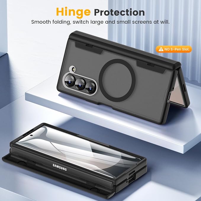 Caka Magnetic for Samsung Galaxy Z Fold 5 Case with Hinge Protection Black | Compatible with MagSafe, Built-in Outer Screen Protector, Hinge Guard, Translucent Matte Back, 360° Hybrid Drop Defense
