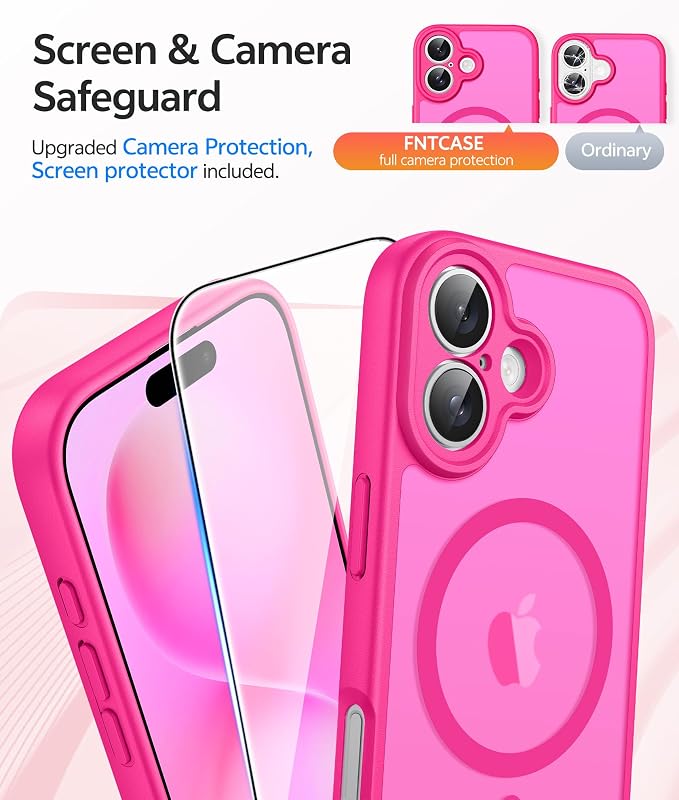FNTCASE for iPhone 16 Plus Case: [Compatible with Magsafe] Translucent Matte Cases with [Full Camera Protection] [Screen Protector] Military Grade Shockproof Protective Phone Cover - Hot Pink
