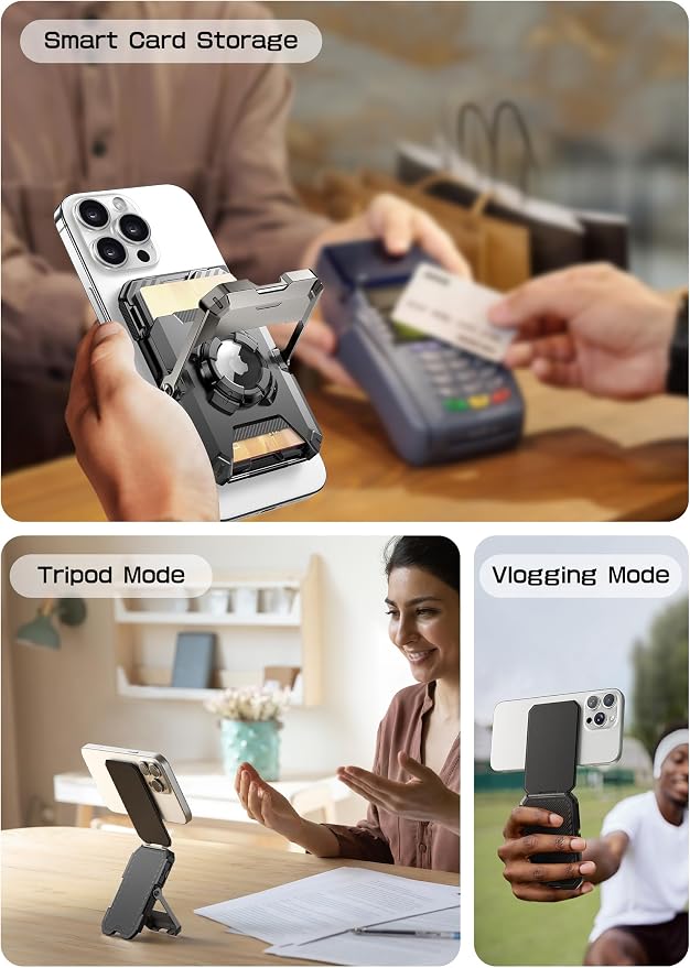 SUPCASE for MagSafe Wallet with AirTag Holder, Magnetic Airtag Wallet for Men, [Hold 5 Cards] [Adjustable Stand] [RFID Blocking] Phone Card Holder Tripod for iPhone 17/16/15/14/13/12 Series, Dark