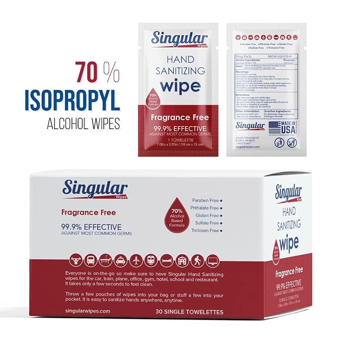 Hand Sanitizing Wipes Travel Size by Singular Wipes –30ct Individually Wrapped | Fragrance-Free, Moisturizing, 70% Isopropyl Alcohol Wipes | Travel, Home, Office, Daily Use