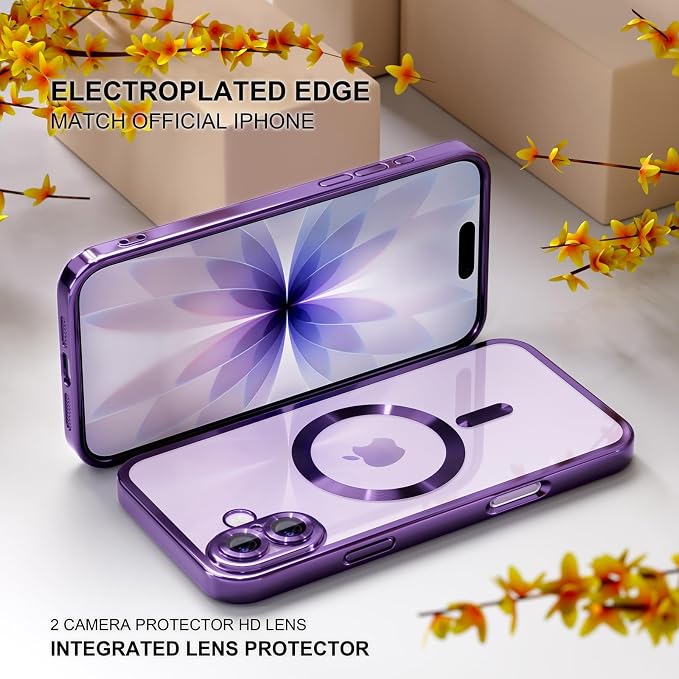 Misea Magnetic for iPhone 17 Case Compatible with MagSafe [Never Yellowing] [Military Grade Drop Protection] Full Camera Lens Protector Plating Soft Clear Phone Case for Women, Deep Purple