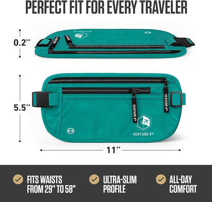 VENTURE 4TH Money Belt for Travel – Hidden Under-Clothes RFID Blocking Passport Holder & Slim Travel Wallet Pouch for Men & Women to Protect Cash, Cards & Documents (Turquoise)