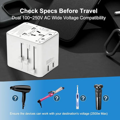 Universal Travel Adapter 25W, International Power Plug Converter with 2500W High Power Support, All-in-One AC Adapter for Europe UK US AUS, 2 USB-C + 2 USB-A Ports, Compact Travel Charger