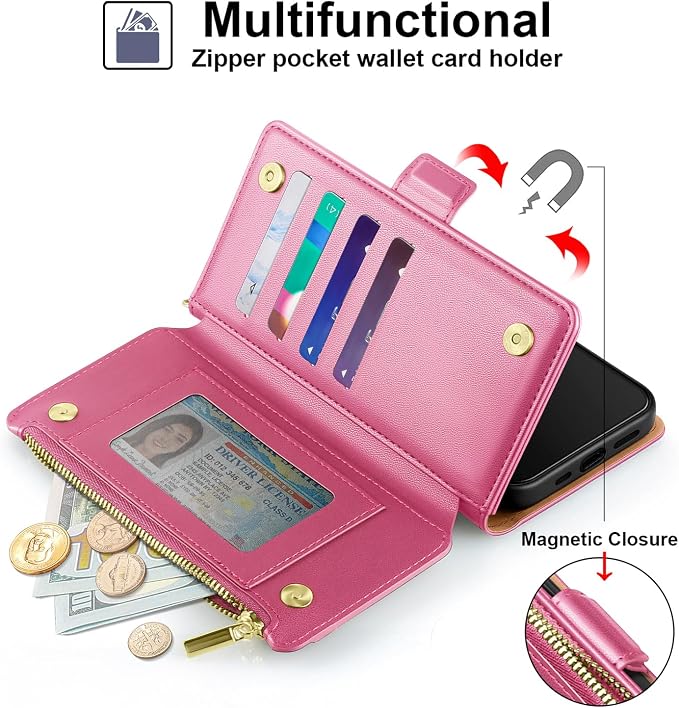 Antsturdy Compatible with iPhone 16 Plus Wallet Case,RFID Blocking PU Leather Phone Case Women Men Kickstand flip Cover Wrist Strap Zipper Credit Card Holder Slots for Apple 16 Plus 6.7",Hot Pink