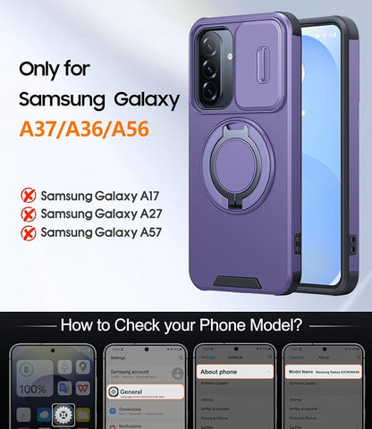 JAME for Samsung Galaxy A37/A36/A56 5G Case, Ring Holder Stand Kickstand, Slide Camera Cover, 2 Screen Protectors, Dual-Layer Shockproof Protective, Magnetic Accessory Friendly Phone Case, Purple