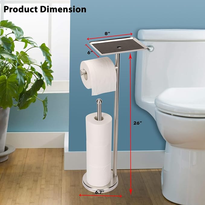 Noonext Toilet Paper Holder with Shelf, Freestanding Toilet Paper Stand with Tray for Small Items, Toilet Paper Holder Freestanding, Storage Space for 4 Extra Toilet Paper Rolls (Brushed Nickel)