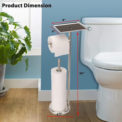 Noonext Toilet Paper Holder with Shelf, Freestanding Toilet Paper Stand with Tray for Small Items, Toilet Paper Holder Freestanding, Storage Space for 4 Extra Toilet Paper Rolls (Brushed Nickel)