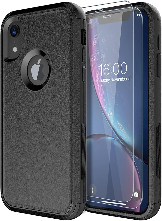 Diverbox Designed for iPhone Xr case with Screen Protector Heavy Duty Shockproof Shock-Resistant Cases for Apple iPhone Xr Phone (Black+Screen Protector)