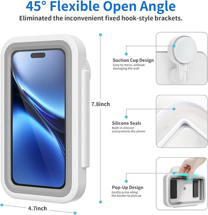 Shower Phone Holder Waterproof-480 Rotation, High Sensitivity Suction Cup Mount for Easy Movement, Phone Stand Case Mount for Bathtub Kitchen Mirror Suitable for All 4-7 inch Phones.
