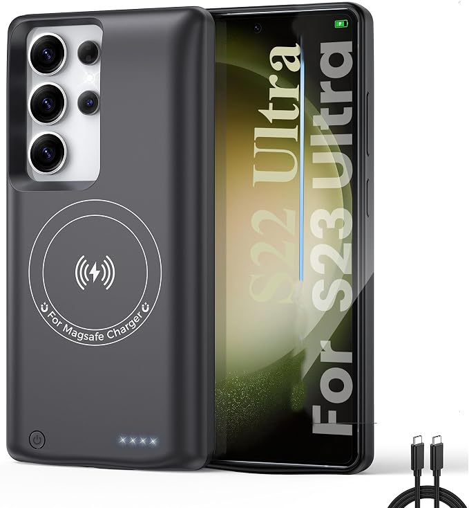 Charging Phone case for Samsung Galaxy S23 Ultra/Galaxy S22 Ultra Battery Case, Real 10000mAh Portable Power Bank with Magnetic Wireless Charging Black