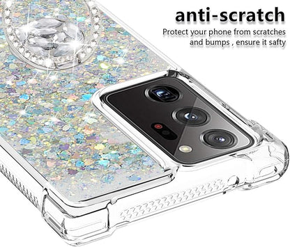 Liquid Phone Case for Galaxy Note 20 Ultra with Ring Stand, Bumper Case Bling Waterfall Liquid Case Resistant Silicone Back Case Glitter Protective Cover Compatible with Samsung Galaxy Note 20 Ultra