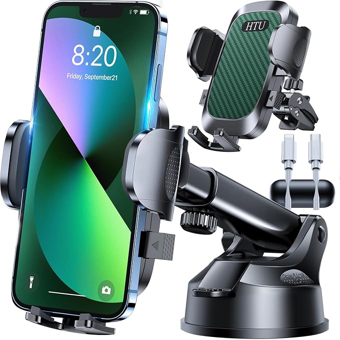 HTU 𝟐𝟎𝟐𝟔 𝐔𝐩𝐠𝐫𝐚𝐝𝐞𝐝 [True Military-Grade] Car Phone Holder【Safety Certs & No Smell】 Cell Phone Holder for Car Mount for Dashboard Windshield Air Vent Long Arm Thick Case,Green