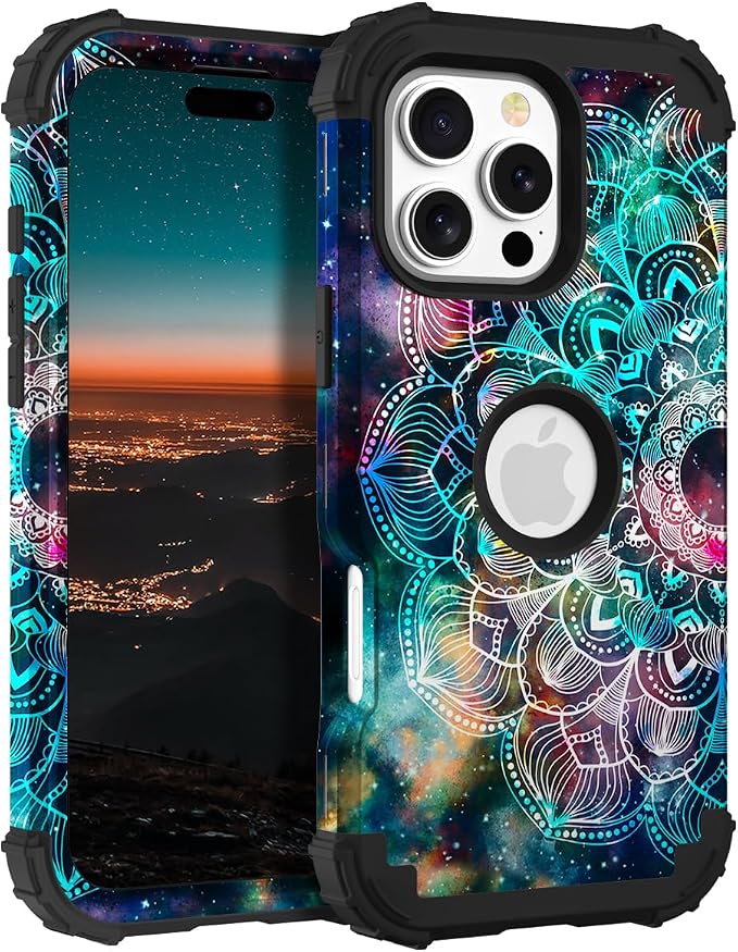 Hocase for iPhone 16 Pro Case 6.3", Heavy Duty Shockproof Protection Soft Silicone Rubber+Hard Plastic Bumpers Hybrid Protective Case for iPhone 16 Pro 2024 - Mandala in Galaxy