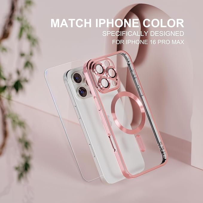 Misea Magnetic for iPhone 16 Pro Max Case Compatible with MagSafe [Never Yellowing] [Military Grade Drop Protection] Full Camera Lens Protector Plating Soft Clear Phone Case for Women 6.9", Pink