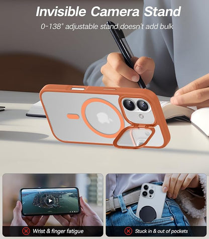 [Upgraded Full Camera Protection] for iPhone 17 Case with Camera Cover Stand [Fit for MagSafe][10FT Mil-Grade Protection] Translucent Magnetic iPhone 17 Phone Case, Orange