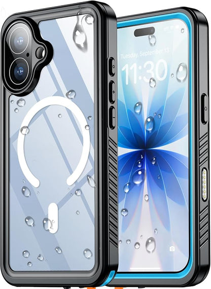 SPIDERCASE Magnetic for iPhone 17 Case- [Compatible with Magsafe] [IP68 Underwater] 15FT Military Grrade Shockproof Full Body Sealed Drop Protection with Lanyard for iPhone 17 6.3"-Blue/Clear