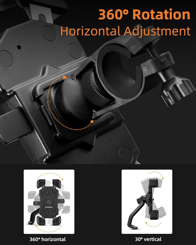 ROCKBROS Motorcycle Phone Holder Mount, 4.5-7.1 inch Smartphones, Quick Release Handlebar Clamp, 360 Rotatable, Anti-Slip Silicone, Easy Installation, Wide Compatibility