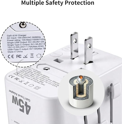 Realmade 45W International All-in-One Travel Adapter, 2C+2A GaN Tech White | All-in-one international power adapter, travel essential for US EU UK overseas trips