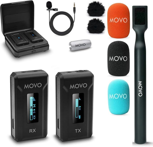 Movo WMX-2 Wireless Lavalier Microphone Lapel Mic with Charging Case and WMX-HM Handheld Adapter - Lav Mic, Lapel Microphone 2.4GHz for Camera, Vlogging, DSLR, and Content Creators