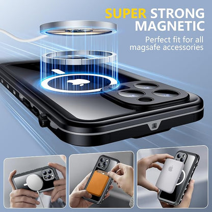 Red2Fire for iPhone 14 Pro Max Case Waterproof, [Built-in Screen Protector & Camera Protector][Compatible with MagSafe][Full Body Shockproof][IP68 Waterproof][Dustproof] Phone Case 6.7" Black/Clear