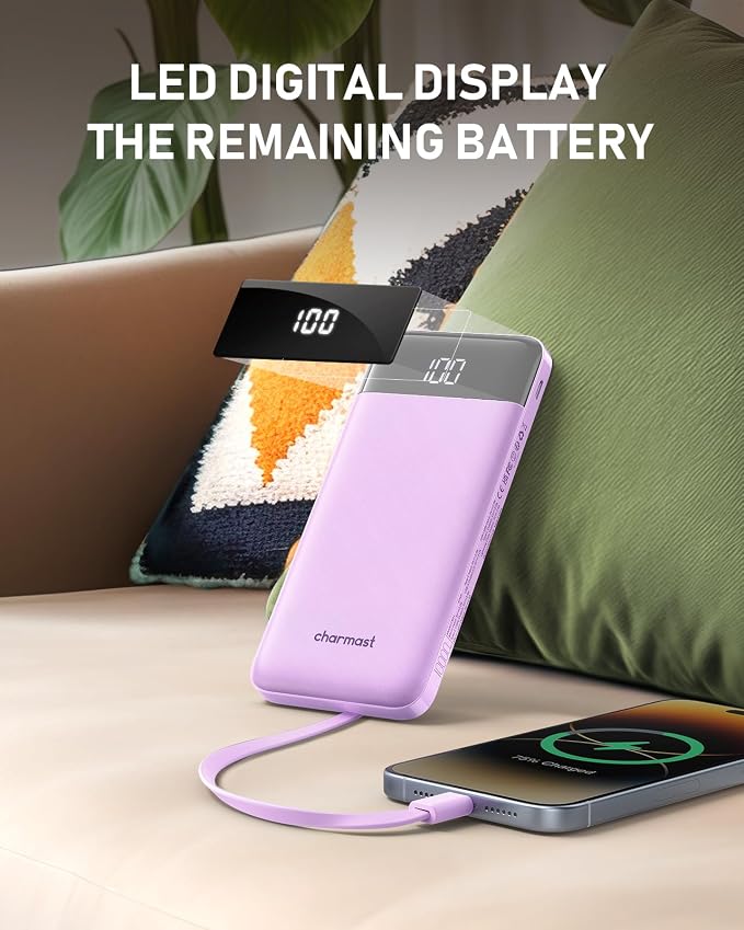 charmast Portable Charger with Built in Cables, 10000mAh Slim Power Bank, 15W USB C in&Out Port High Speed Charging External Charger, Battery Pack Compatible with iPhone 16 15 13 Samsung Google iPad