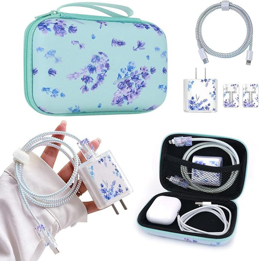 Cute DIY Cable Charger Protector Set with Electronic Organizer Bag Flowers Purple Lavender pattern Design, Soft Data Cable Line Cord Wire Saver Travel Cord Organizer Case cover Compatible for iPhone