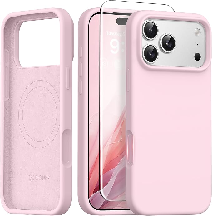 GONEZ Magnetic for iPhone 17 Pro Case, Compatible with MagSafe, [Screen Protector + Camera Lens Protector], Liquid Silicone Anti-Scratch Shockproof Protective Phone Case 6.3 inch, Pastel Pink