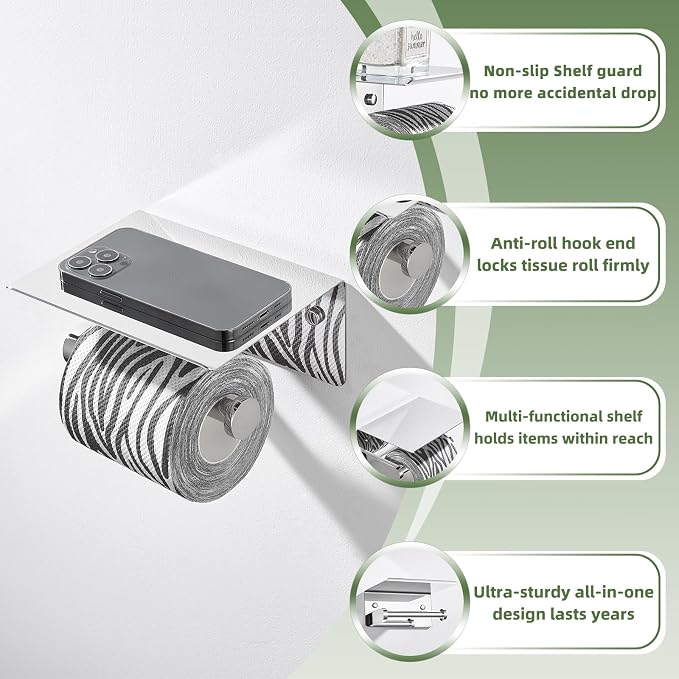 APLusee Toilet Paper Holder with Phone Shelf Polished Chrome, SUS 304 Stainless Steel Bathroom Accessories Tissue Roll Dispenser Storage Wall Mounted