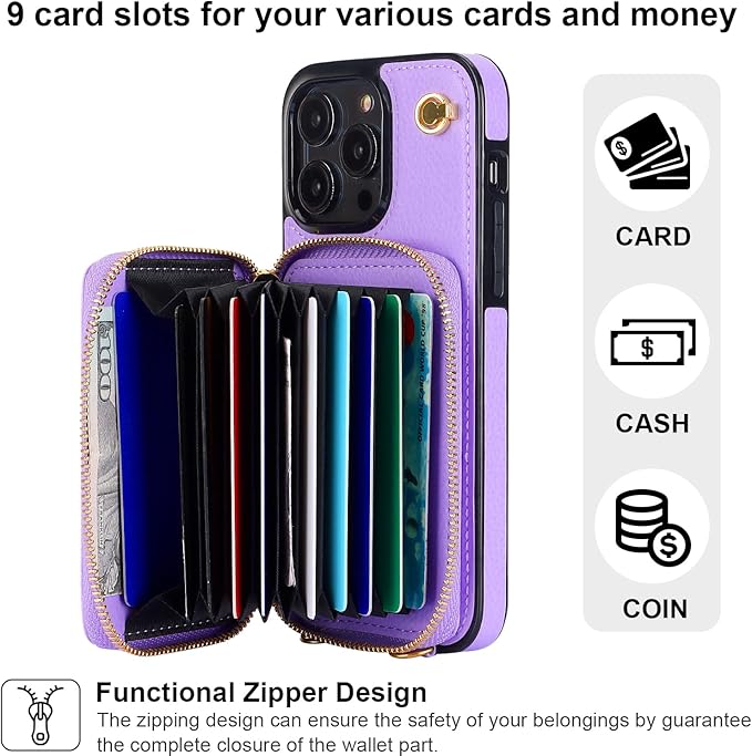 Bocasal Crossbody Wallet Case for iPhone 14 Pro Max, RFID Blocking Leather Purse Case with Card Holder, Protective Handbag Flip Cover with Zipper Wrist Strap Lanyard for Women 5G 6.7 Inch (Purple)
