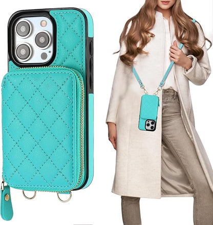 Bocasal Crossbody Wallet Case for iPhone 15 Pro, RFID Blocking PU Leather Zipper Handbag Purse Flip Cover, Kickstand Folio Case with Card Slots Holder Wrist Strap Lanyard 5G 6.1 Inch (Mint Green)