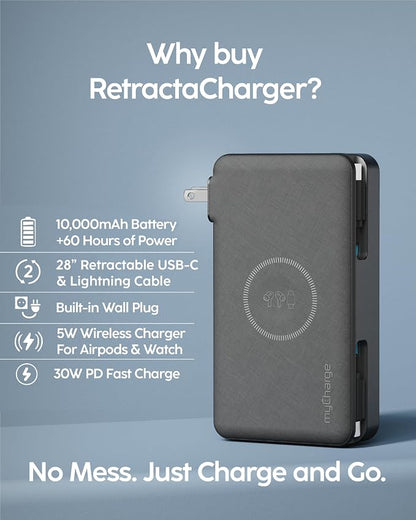 myCharge RetractaCharger 10000mAh Portable Charger Power Bank with 28-Inch Retractable USB-C & Lightning Cables | Qi Wireless Charging | Built-in Wall Plug | Premium Fabric | Digital Display