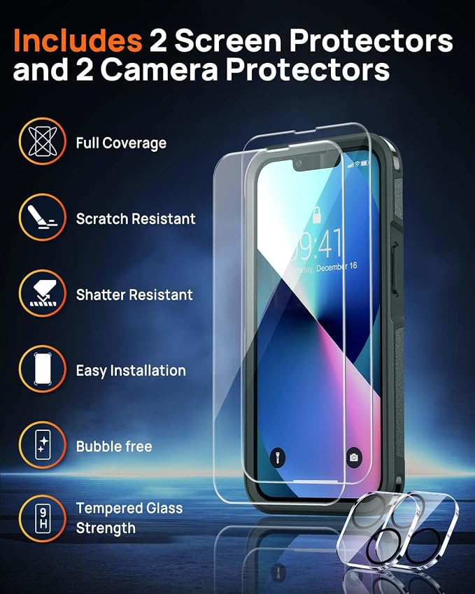 Lanhiem Magnetic for iPhone 13 Case, 2 Pack [Tempered Glass Screen Protectors+Camera Lens Protectors] 10 FT Military Drop Protection Anti-Fingerprint Slim Design Phone Cover for iPhone 13 (Black)